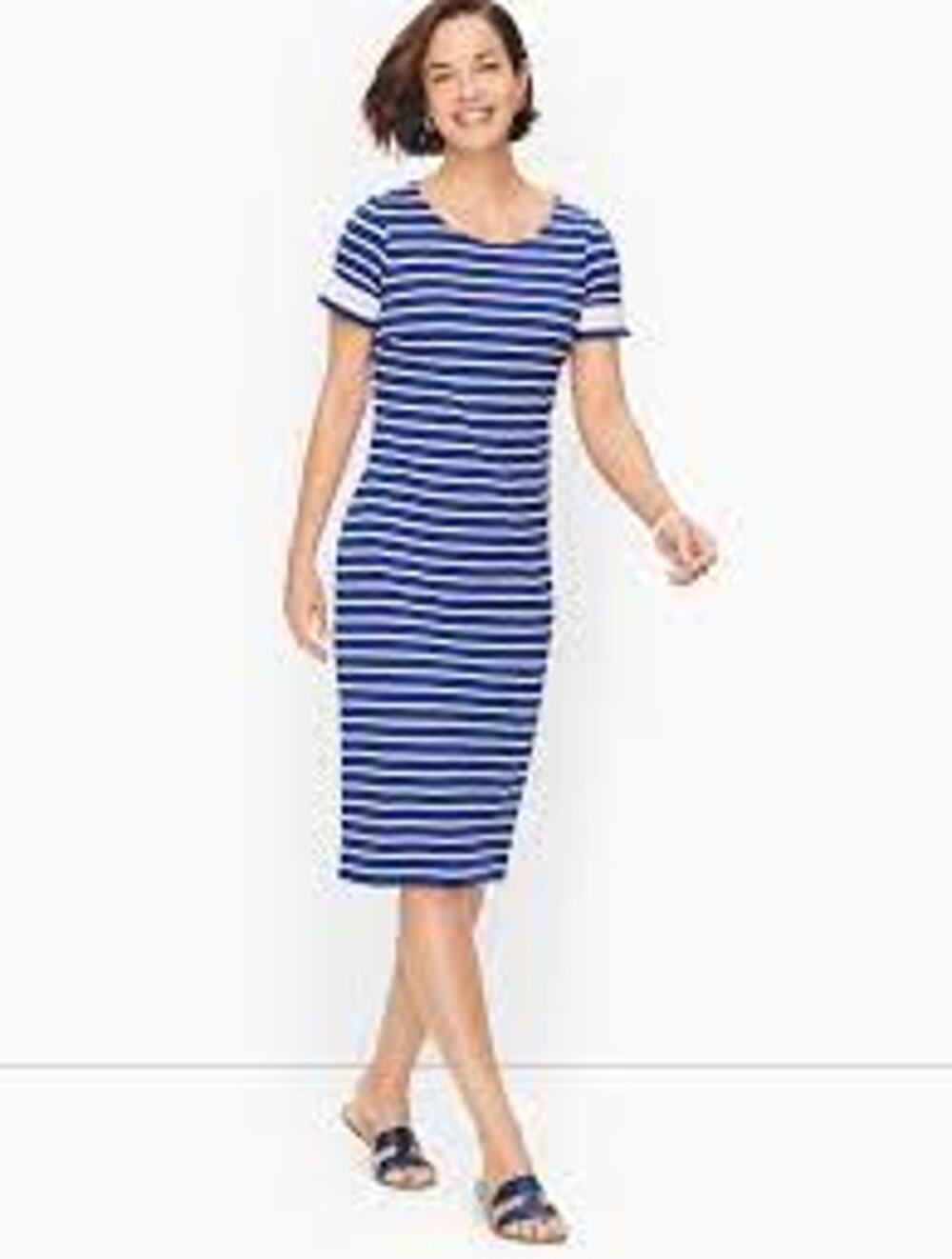 TALBOTS Cotton Shift Dress Blue White Stripe w Lace Small